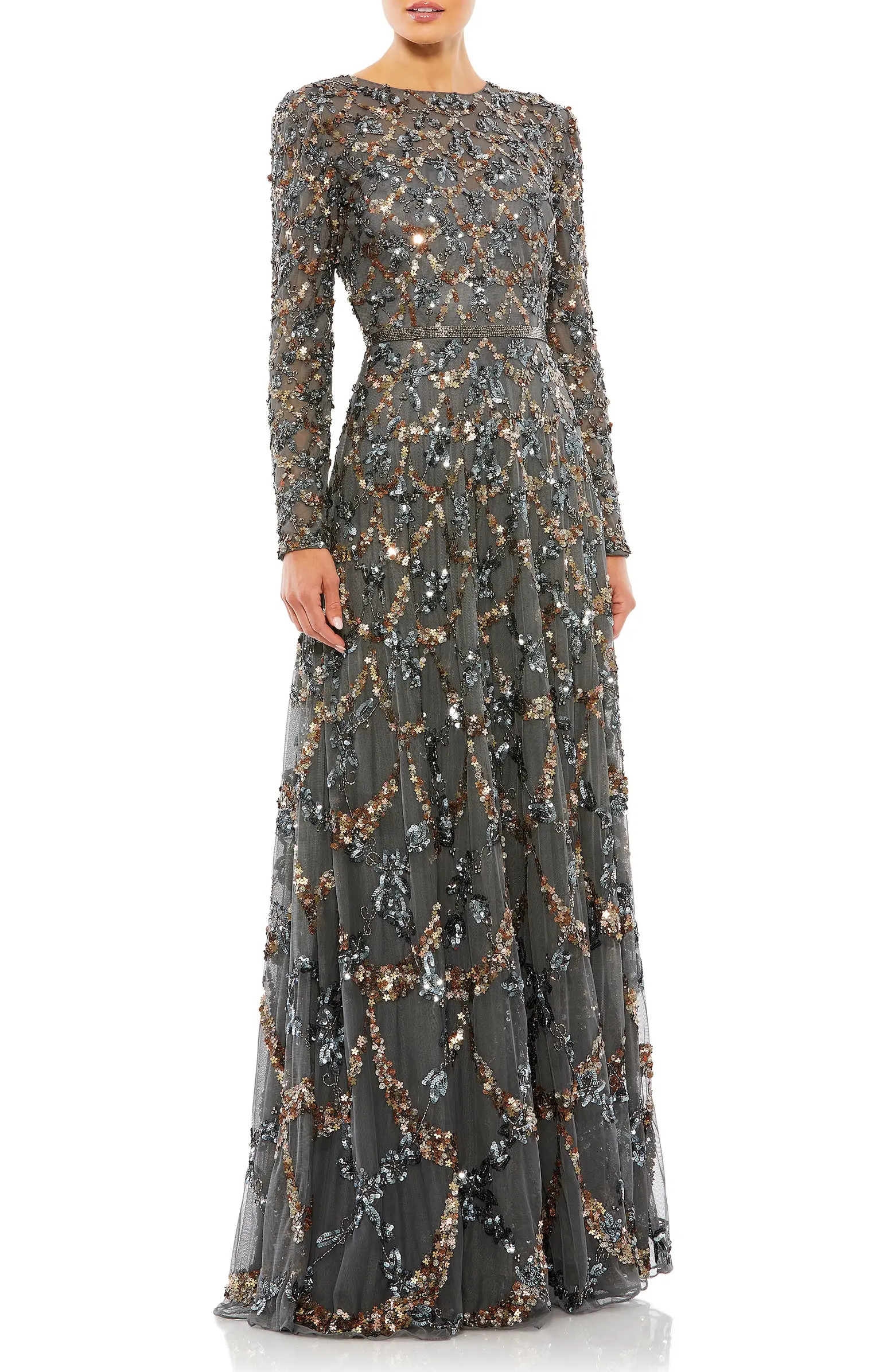 Embellished Illusion High Neck Long Sleeve A Line Gown | Nordstrom
