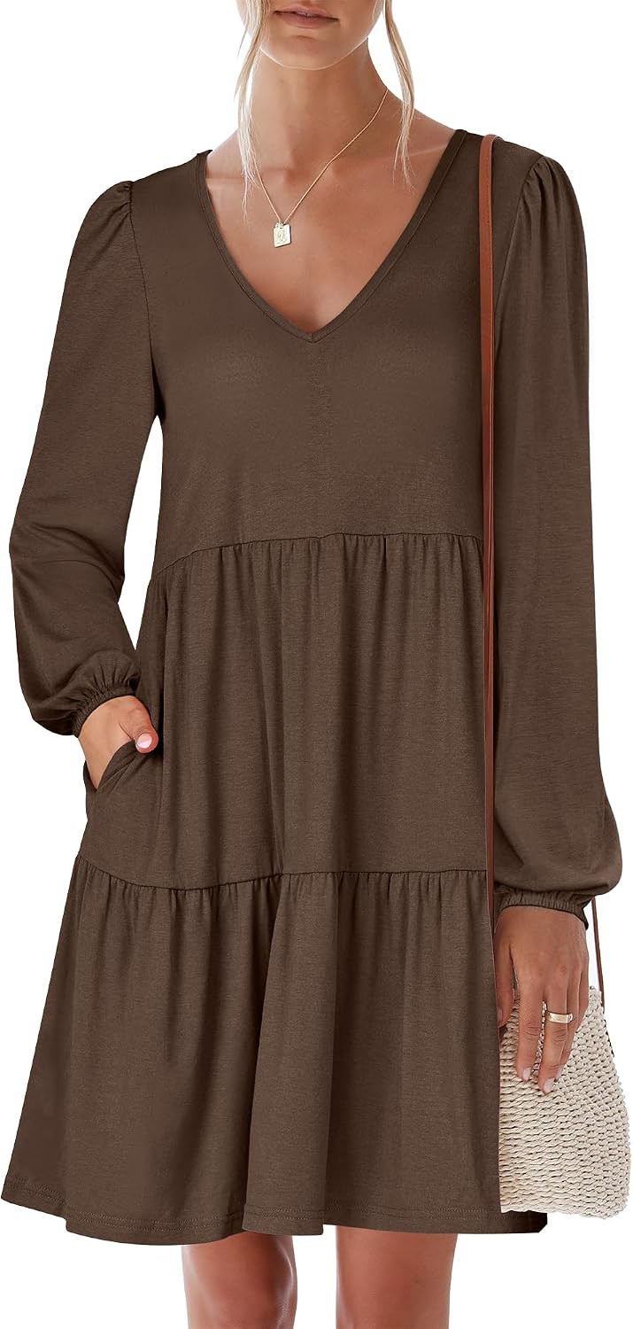 ANRABESS Womens Fall Long Sleeve V Neck Casual Short Dress | Amazon (US)