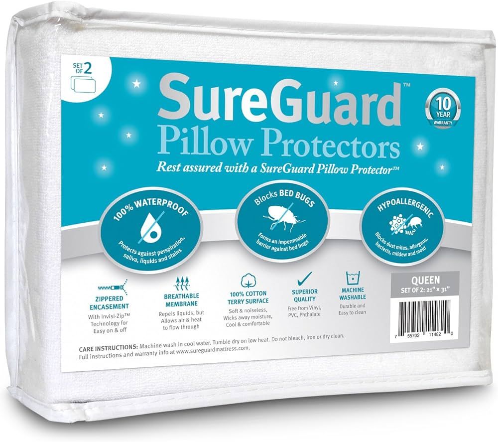 Set of 2 Queen Size SureGuard Pillow Protectors - 100% Waterproof, Bed Bug Proof, Hypoallergenic ... | Amazon (US)