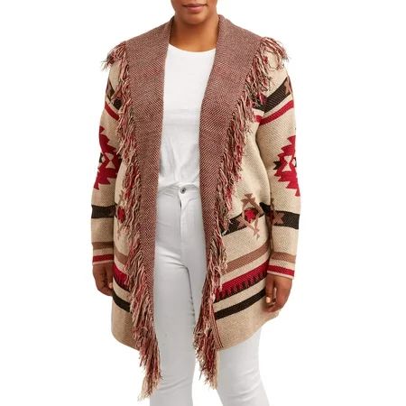 Absolutely Famous Women s Plus Size Jacquard Open-Front Cardigan with Fringe Trim | Walmart (US)