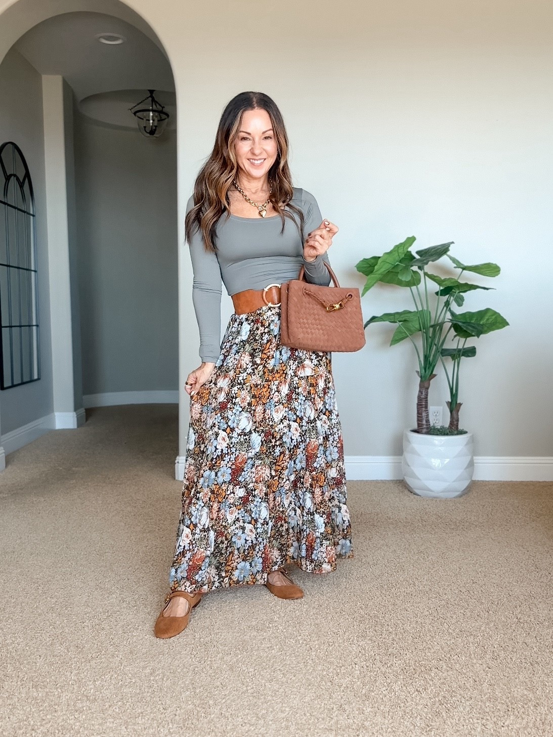 Fall outfit perfect for the office, church, Thanksgiving. Floral Maxi skirt size small long sleeve double layered slim fit top size XS, wide stretchy belt in the smallest size, shoes go up in half size. For reference I’m 5‘4” 109 LBS.  

#LTKFindsUnder50 #LTKPetite #LTKOver40