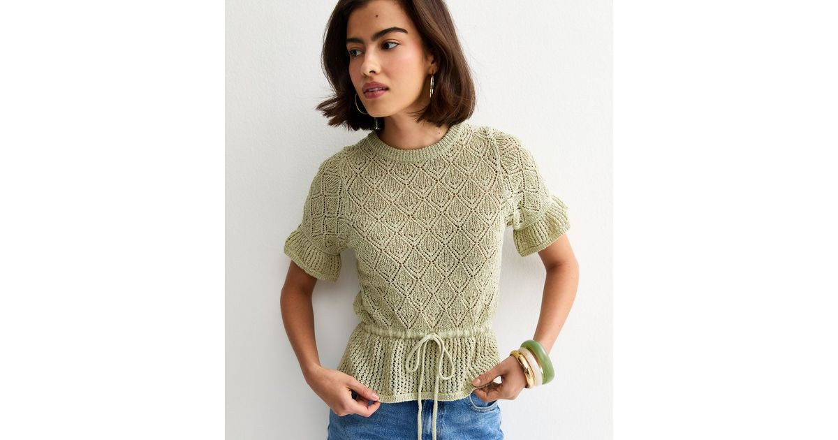 Green Open Knit Drawstring Waist Frilly Trim Top | New Look | New Look (UK)