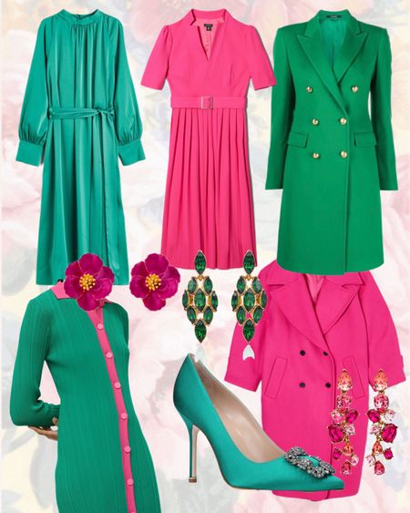 A selection of emerald green and bright pink garments including dresses, coats and earrings

#LTKunder100 #LTKSeasonal #LTKstyletip