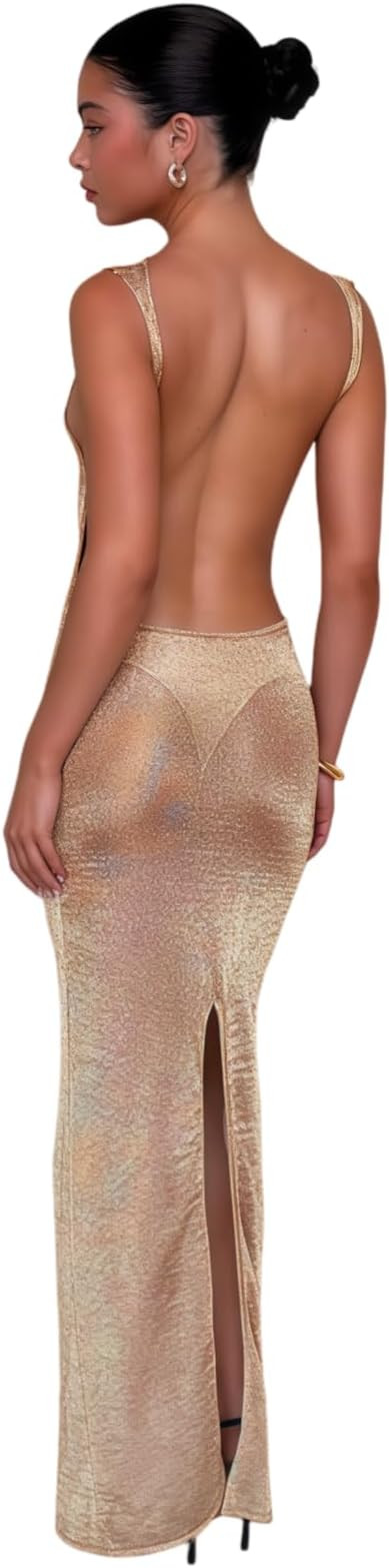 Women's Sexy Open Back Glitter Maxi Dress Sheer Mesh Beach Cover Up Dress Sleeveless Party Vacati... | Amazon (US)