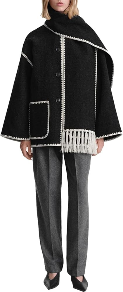 utcoco Womens Winter Wool Coats Embroidered Button Down Woolen Blend Trench Coat with Tassel Scar... | Amazon (US)