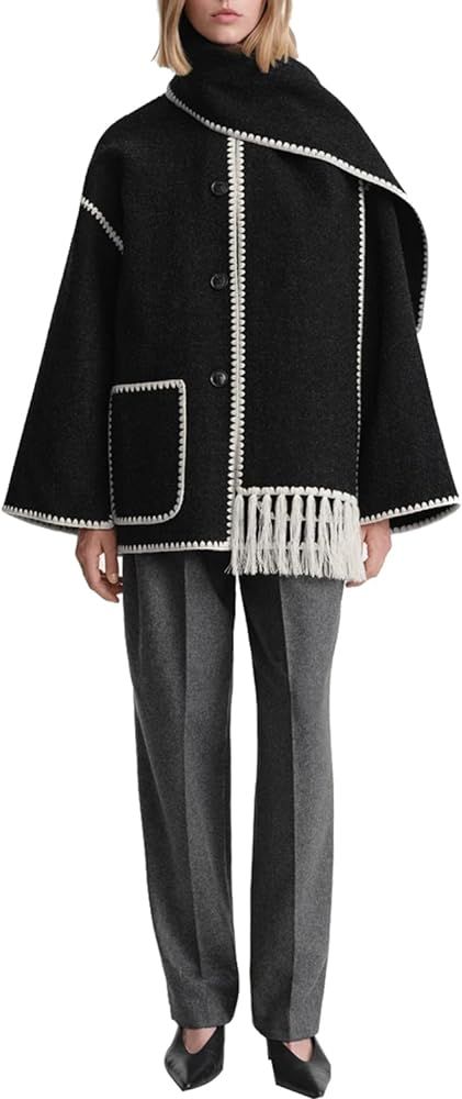 utcoco Womens Winter Wool Coats Embroidered Button Down Woolen Blend Trench Coat with Tassel Scar... | Amazon (US)