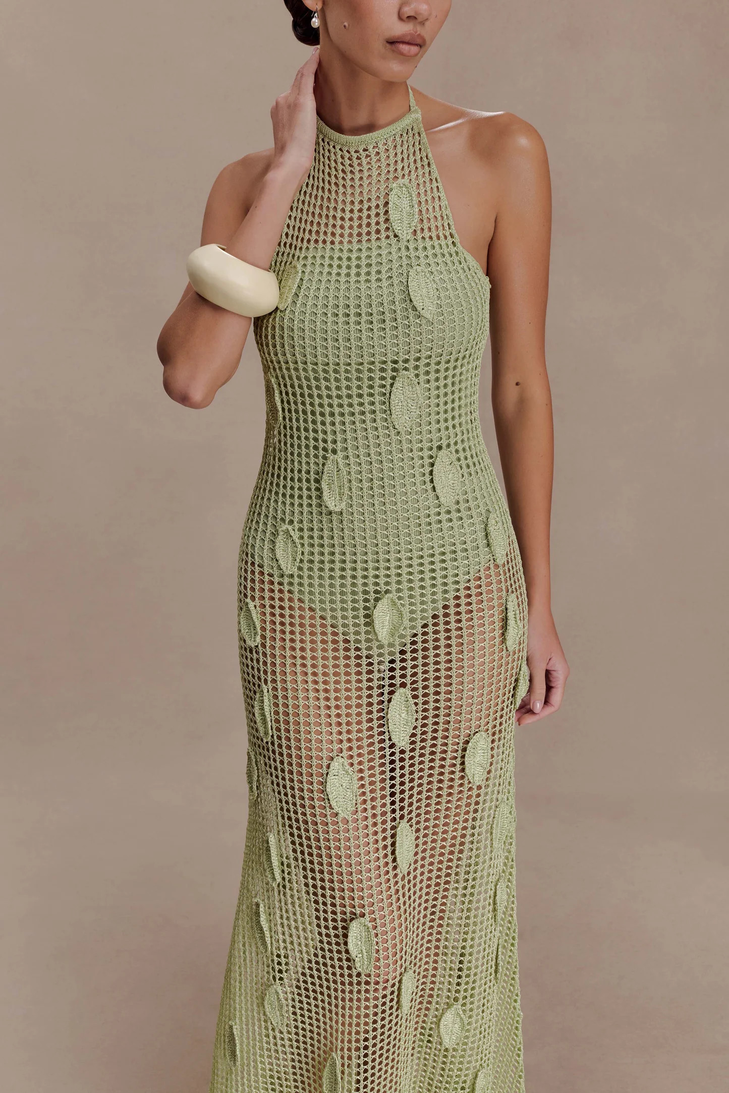 Elfie Crochet Halter Maxi Dress - Pastel Green | Meshki UK