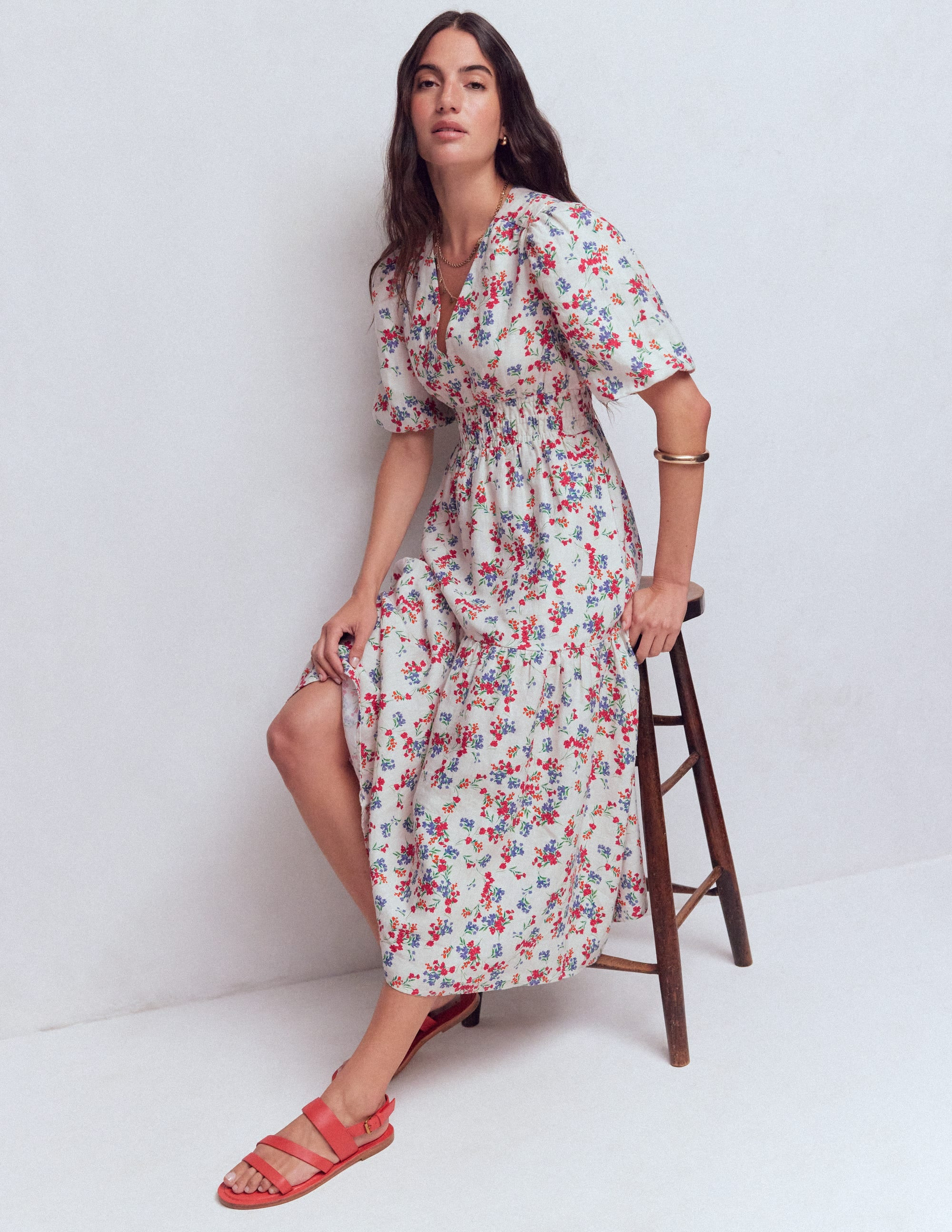 Irene Linen Midi Dress-Ivory, Bloom Scatter | Boden (US)