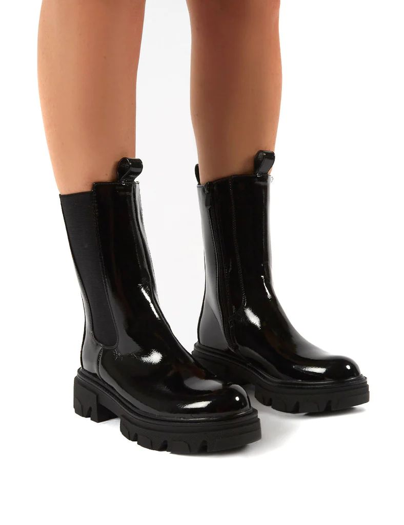Recess Black Patent Chunky Sole Calf High Boots | Public Desire (US & CA)
