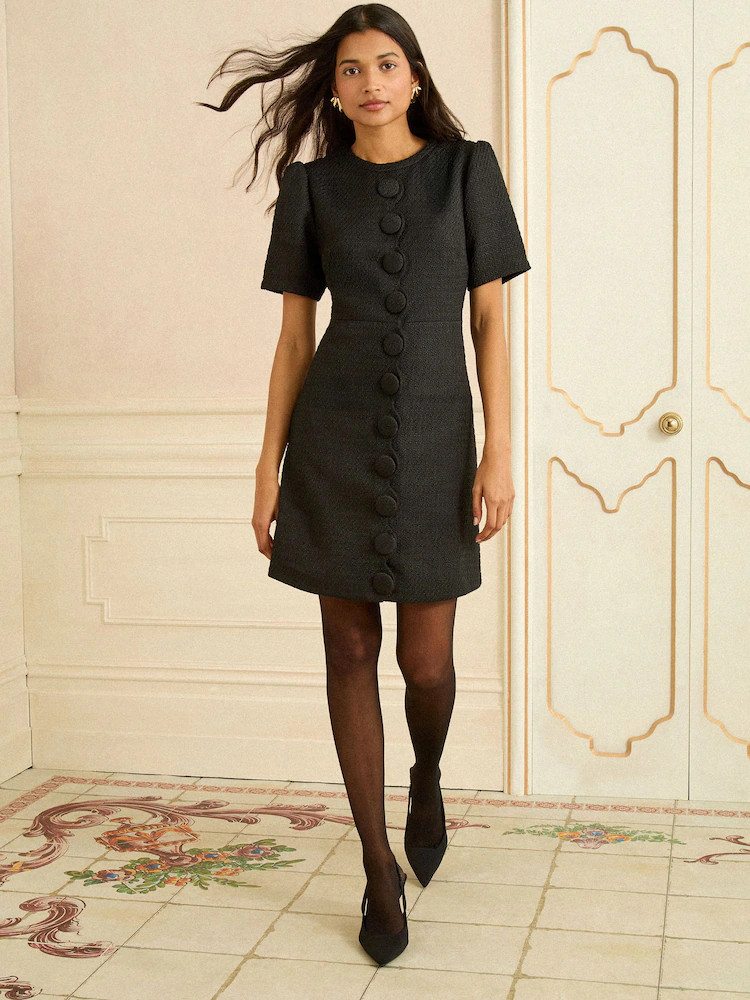 Love & Roses Black Petite Boucle Button Front Mini Dress | Next EU