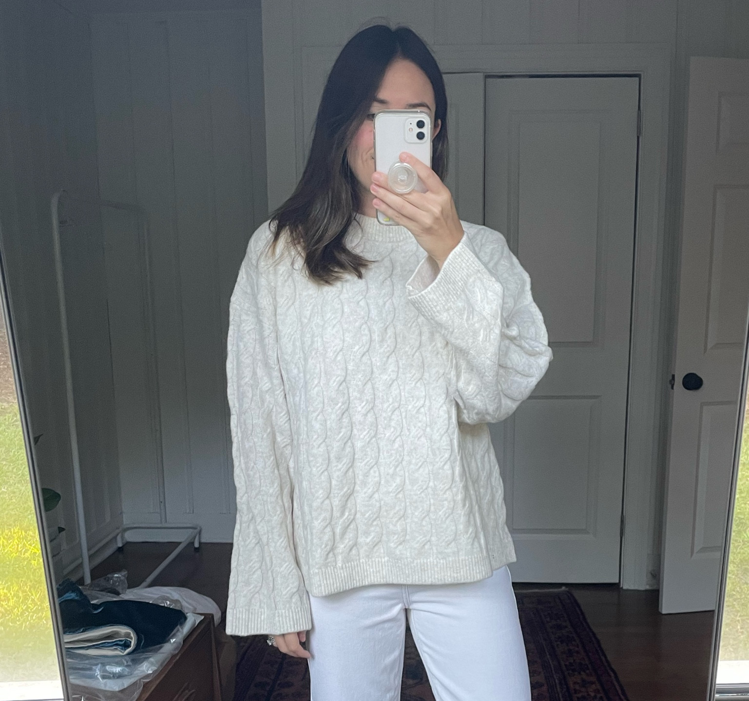 Cozy sweater. Under $50 sweater.  H&M. Fall sweater. Winter white. Jeans on sale. Under $100 Denim. Affordable. Oversized. 

#LTKunder50 #LTKSeasonal #LTKunder100