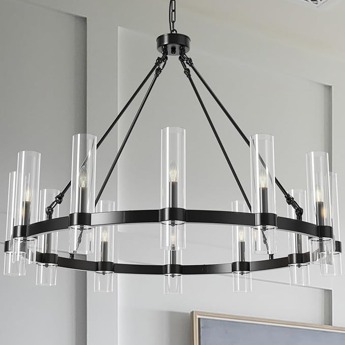43 Inch Black Wagon Wheel Chandelier, 12 Lights with Glass Shades Light Fixtures, Large Modern Fa... | Amazon (US)