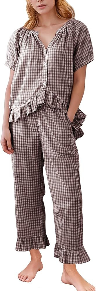 Flygo Womens Plaid 2 Piece Pajamas Sets Gingham Button Down Puff Sleeve Babydoll Shirt Ruffle Pan... | Amazon (US)