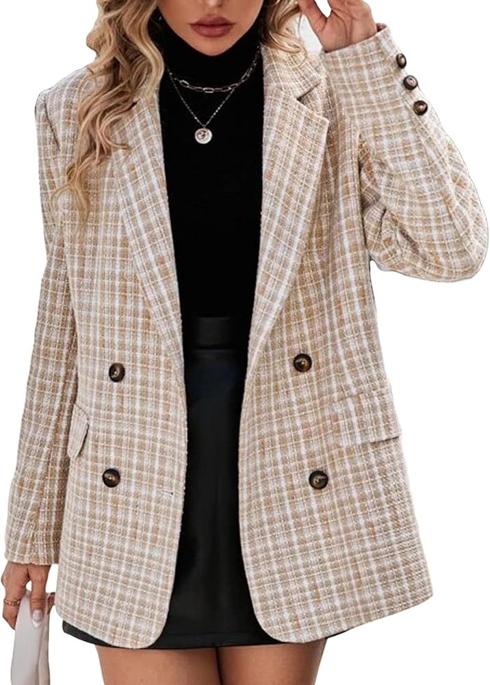 Plaid Tweed Blazer Jacket for Women 2024 Fashion Elegant Open Front Casual Work Office Pocket Sui... | Amazon (US)