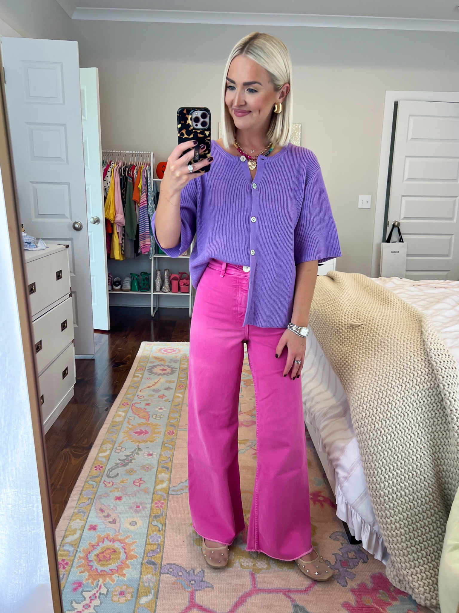 Lavender short sleeve cardigan / pink pants / pink wide leg pants / rhinestone mesh flats / colorful fall outfit 

#LTKSeasonal #LTKStyleTip #LTKFindsUnder100