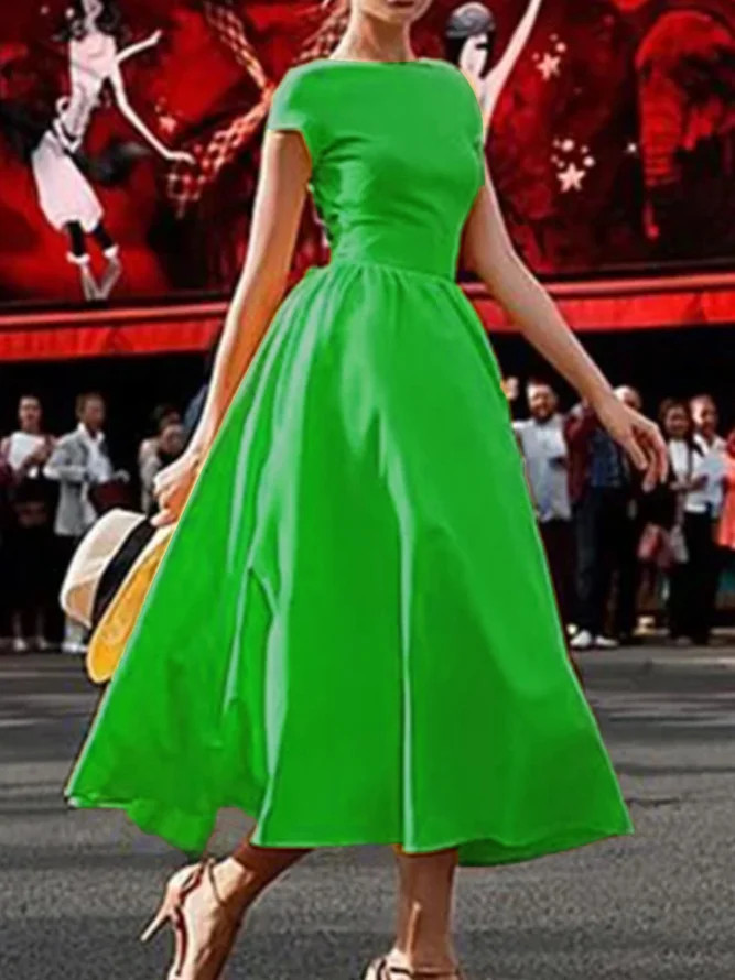 Plain Short Sleeve A-Line Crew Neck Evening Midi Dress | StyleWe (US)