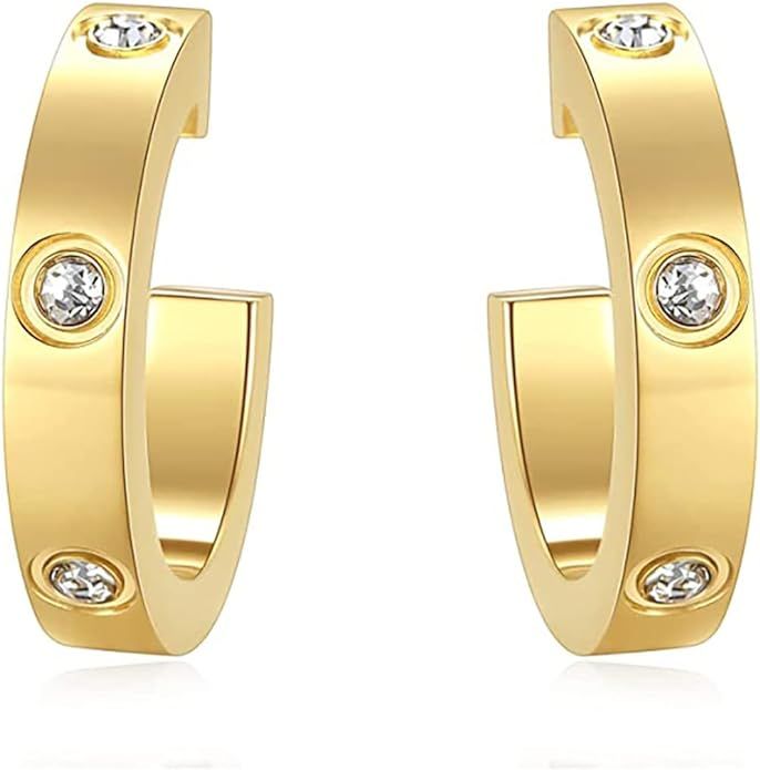 Friendship Earrings for Women Designer Cubic Zirconia Gold Stainless Steel Hoop Huggie Cuff Studs... | Amazon (US)