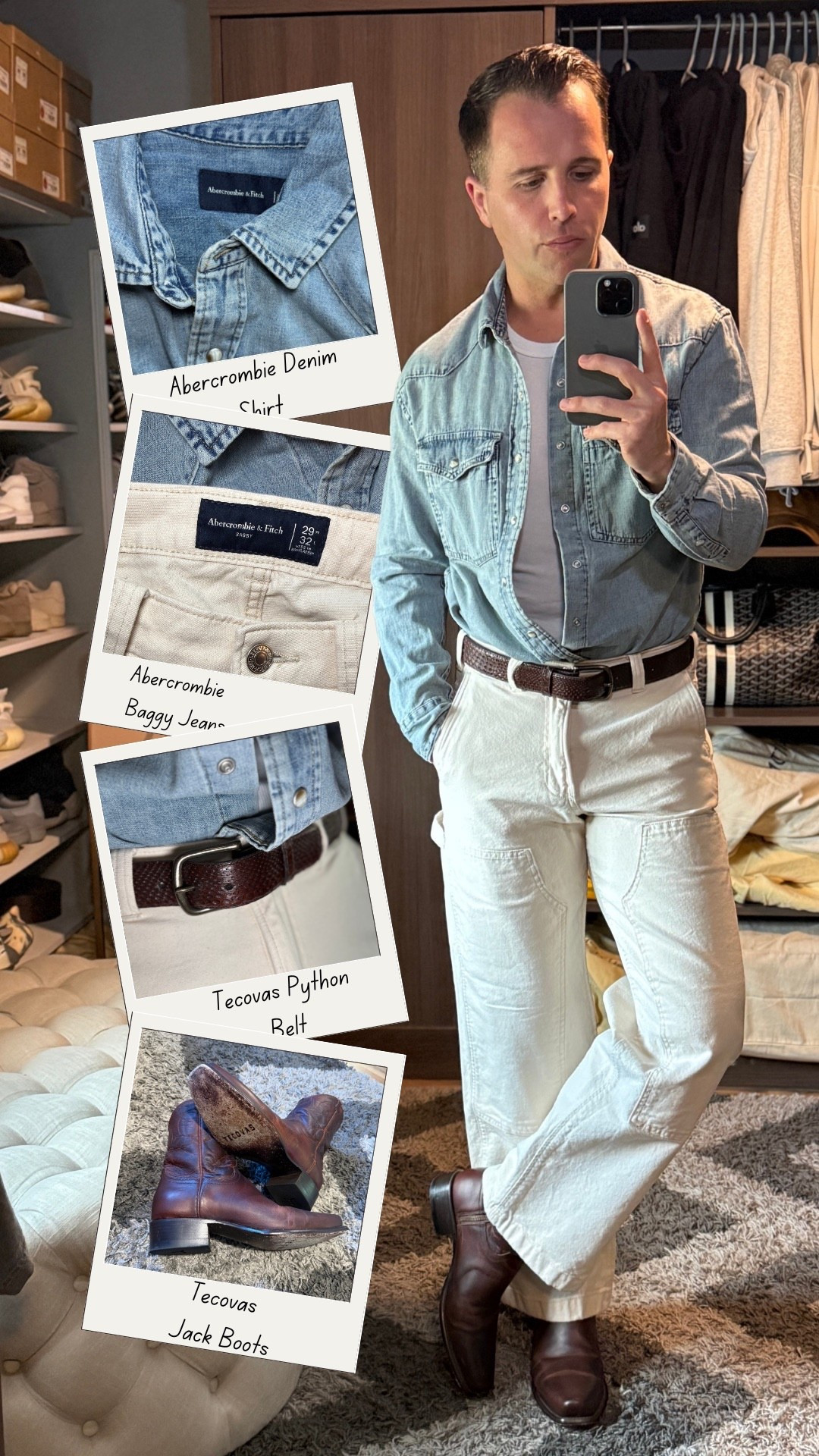 Brandon Lake concert fit. Wearing a light denim button up from Abercrombie paired with their relaxed baggy jeans, a brown python belt from Tecovas, and the Tecovas Jack boots. Did a Ralph Lauren tuck to make it feel more elevated. #brandonlake #cowboy #tecovas #python #whitejeans #ralphlauren #mensstyle

#LTKootd #LTKMens #LTKgrwm