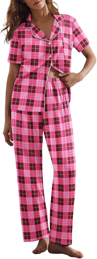 Ekouaer Women Pajamas Set Button Down Sleepwear Short Sleeve Nightwear with Long Pants Soft Pjs S... | Amazon (US)