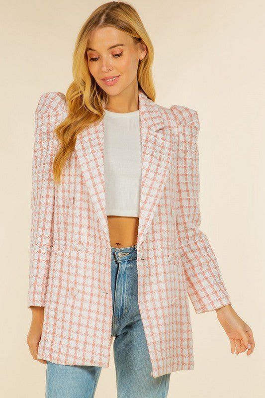 Tweed Textured Plaid Double Breasted Long Blazer - Pink | Petal & Pup (US)