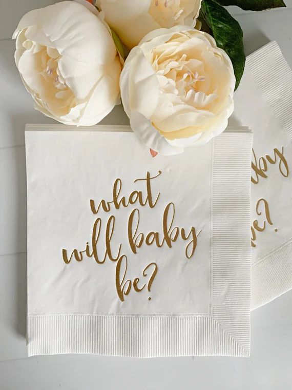 Gender Reveal What Will Baby Be Napkins  White With Gold | Etsy | Etsy (US)