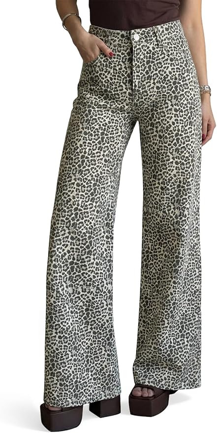 Cicy Bell Womens Wide Leg Jeans High Waisted Leopard Baggy Stretchy Denim Pants with Pockets | Amazon (US)