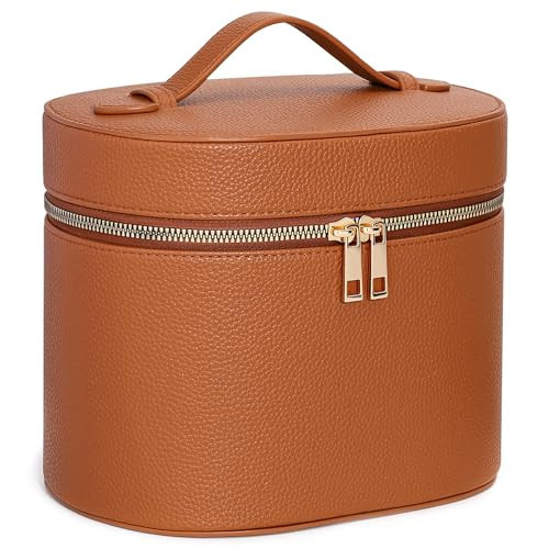 MaqSacion Makeup Bag Vanity Case for Women Leather Cosmetic Bag Makeup Organizer Case Portable Travel Toiletry Bag With Removable Compartments and Handle - Brown | Amazon (US)