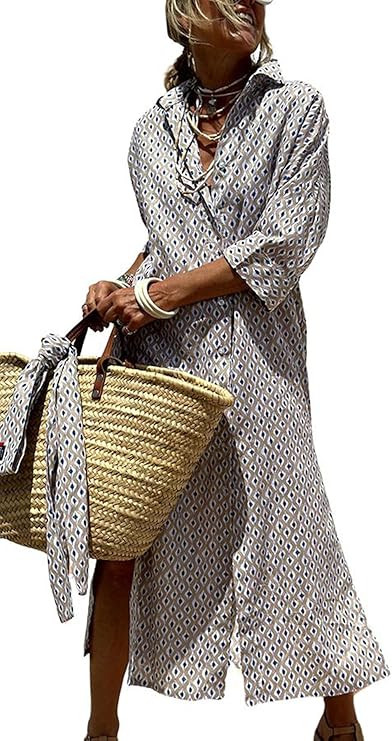 utcoco Womens 2026 Shirt Dress Casual Lapel 3/4 Sleeve Button Down Split Belted Vacation Maxi Dre... | Amazon (US)