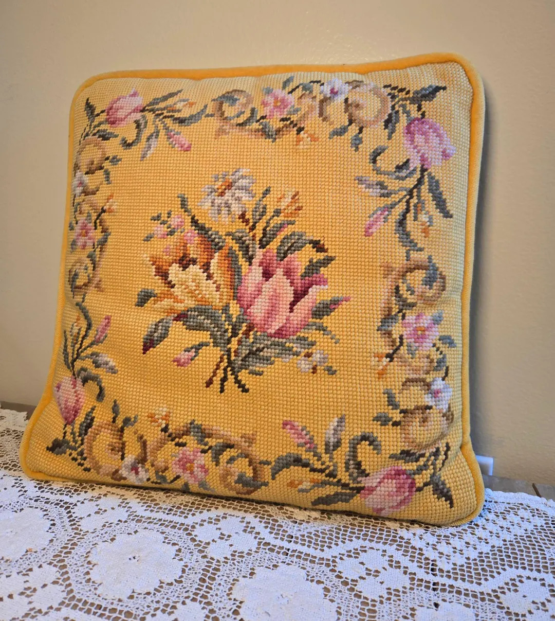 Vintage Golden Floral Needlepoint Pillow – 13x13, Beautiful Condition - Etsy | Etsy (US)