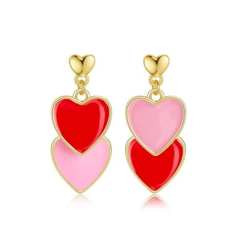 Heart Earrings for Women, Red and Pink Double Heart Drop Earrings, Valentines Day Dangle Jewelry, Cute Romantic Gifts for Girlfriend Wife (Pink Red) | Amazon (US)