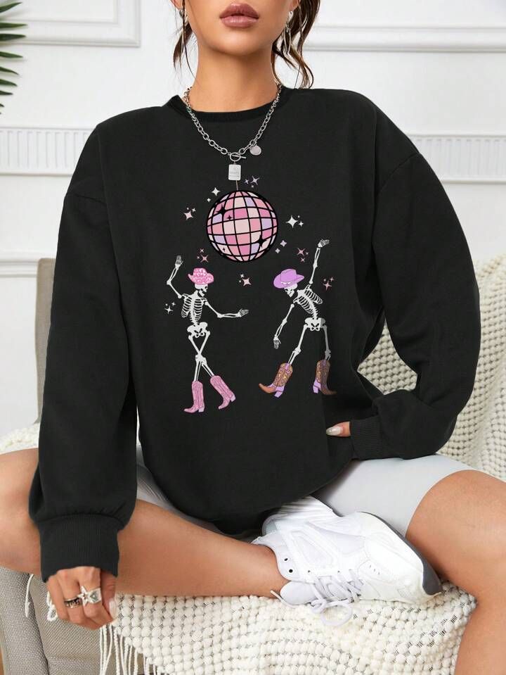 SHEIN EZwear Skeleton Print Drop Shoulder Sweatshirt | SHEIN