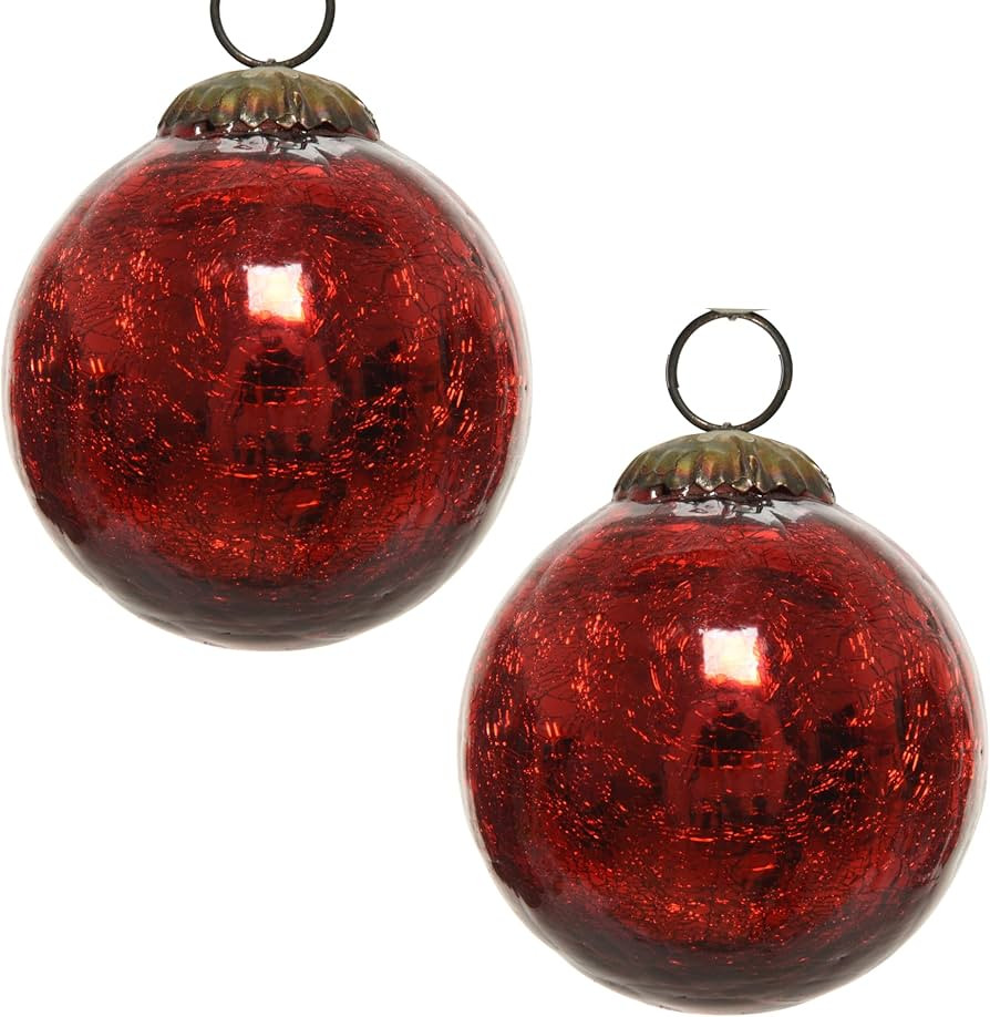 Red Crackle Glass Ornaments, Set of 2 Christmas Holiday Ball Globe Decorations | Amazon (US)