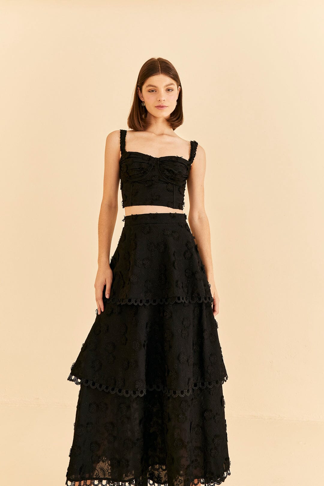 black 3d flower tiered maxi skirt | FarmRio (US)