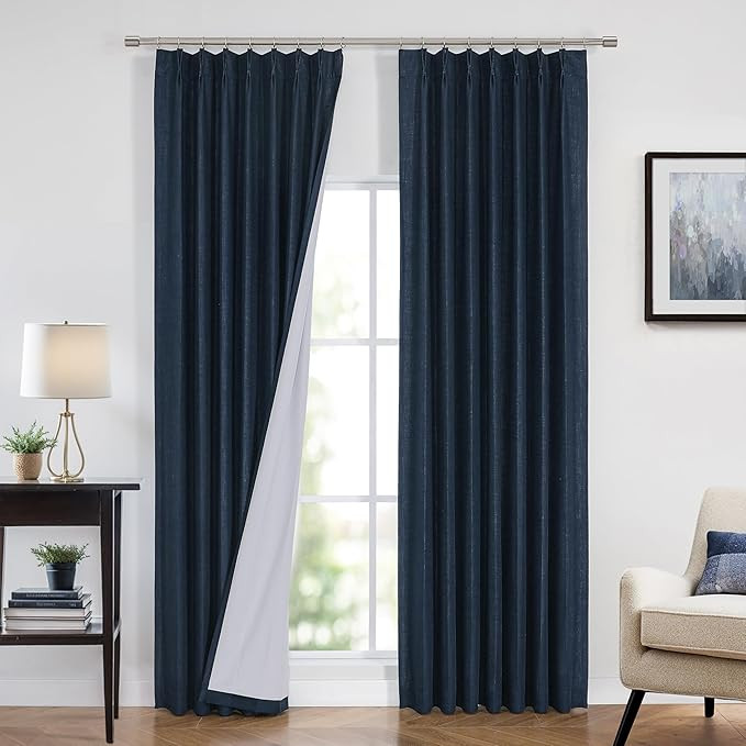 Vision Home Navy Blue Pinch Pleated Full Blackout Curtains Linen Blended Room Darkening Curtain P... | Amazon (US)