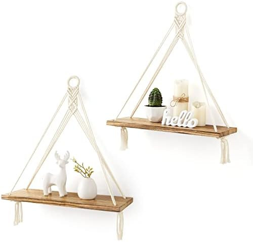 Mkono Macrame Hanging Shelves Boho Wall Decor Set of 2 Rustic Wood Floating Storage Shelf for Bed... | Amazon (US)
