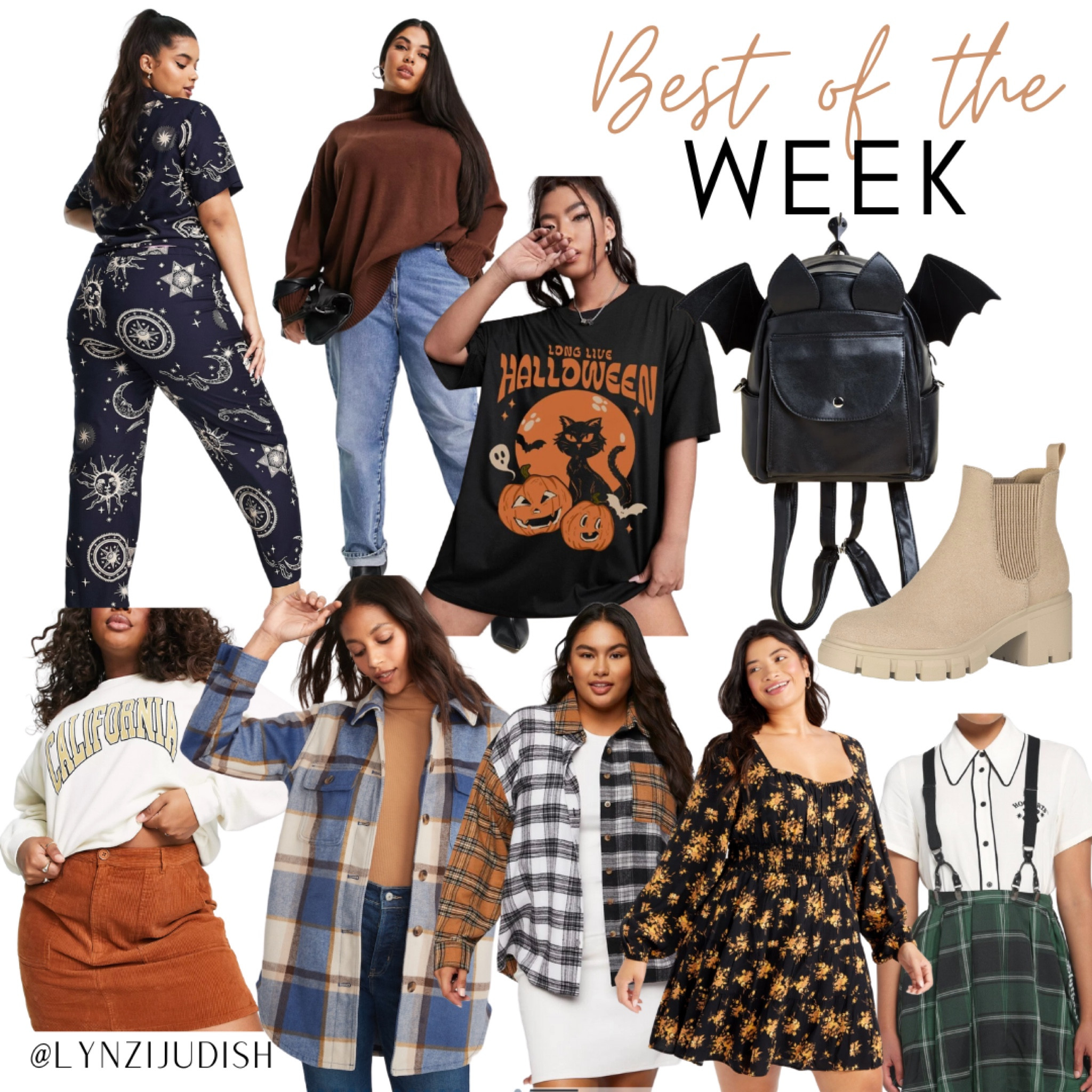 Best of the Week - all of the most clicked items of last week 

Use my code LYNZIJUDISH for 20% off the backpack 

Plus size fashion, plus size style, size 16 influencer, Amazon fashion, Amazon style, Amazon favorites, fall fashion, fall style, Halloween fashion, Halloween style, celestial pajamas, Ravenclaw, Gryffindor, Slytherin, Hufflepuff, Harry Potter, oversized brown turtleneck sweater, Halloween oversized t-shirt, bag wings backpack, beige boots, plaid skirt, fall floral dress, fall plaid shirt, blue shacket, orange corduroy skirt 

#LTKunder100 #LTKcurves #LTKSeasonal