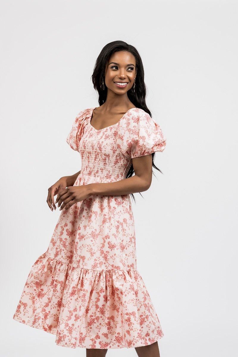 Puff Sleeve Smocked Midi Dress- Pink Poppy | Rachel Parcell