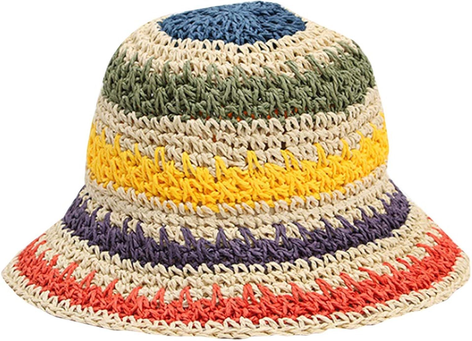 Minache Foldable Wide Brim Colorful Crochet Straw Hat,Outdoor Sun Visor Hat UPF 50+ Summer for Wo... | Amazon (US)
