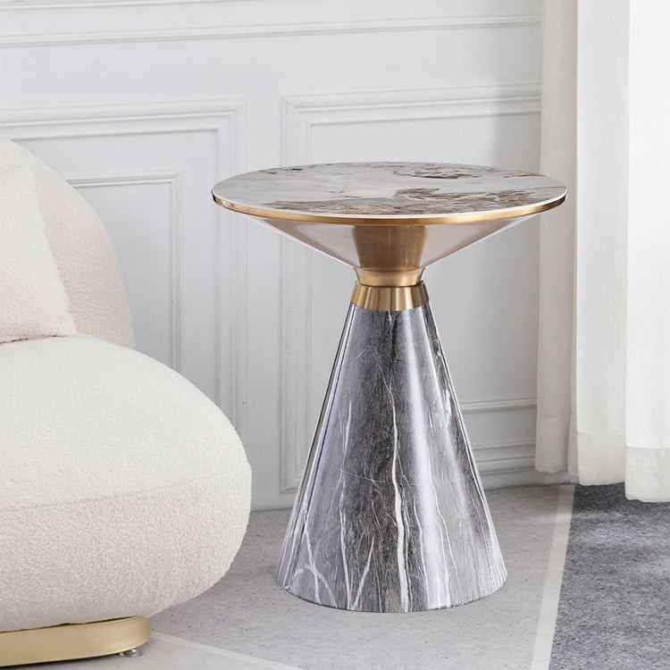 Gray & Gold Hourglass-Shape End Table with Sintered Stone Top & Stainless Steel Base | Homary