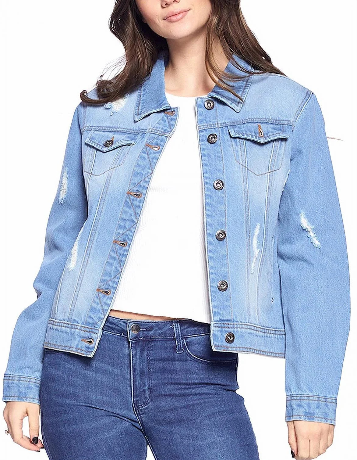 Women's Classic Distressed Cotton Denim Button Up Long Sleeve Jean Jacket (Light Blue, M) | Walmart (US)