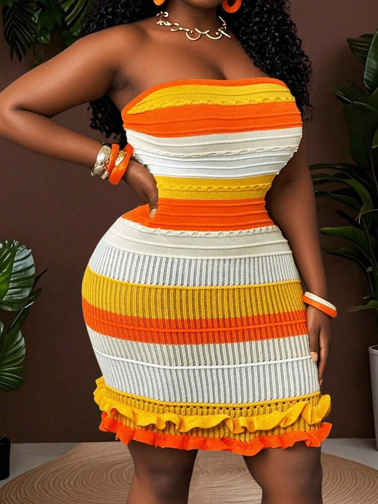 Slaydiva 2025 New Arrival/Easter/Western/Holiday Vacation Spring Summer/Summer Outfits For Women/Summer/Spring Outfits For Women/Summer Clothes/Spring/Easter Outfit Women/Rave/European Summer/Spring Outfits/Western Wear Women Plus/Concert/Graduation Outfit/Casual Simple Hollow Out Strapless Ruffle Hem Striped Knitted/Crochet/Boho/Mini Dress - A Winter Fall Autumn | SHEIN