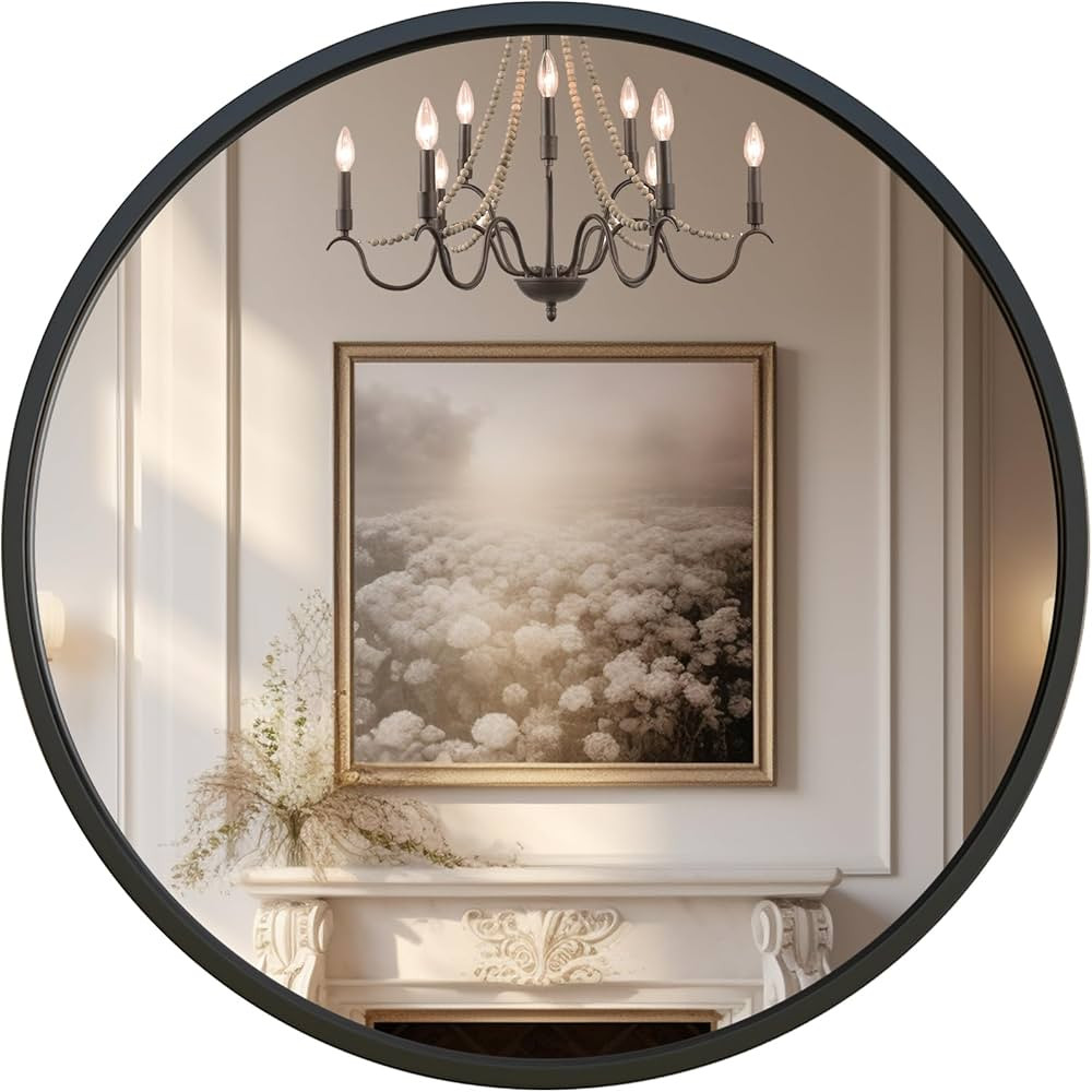 G-LEAF Black Round Mirror 24 inch, Circle Mirror for Bathroom, Entryway, Vanity, Living Room, Rou... | Amazon (US)