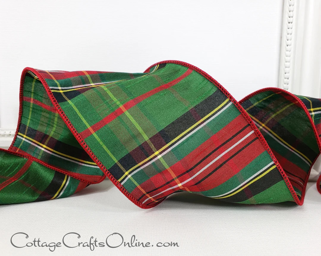 D. Stevens Christmas Wired Ribbon, 4, Kelly Green, Red Faux Dupioni Tartan Stripe Plaid TEN YARD ... | Etsy (US)