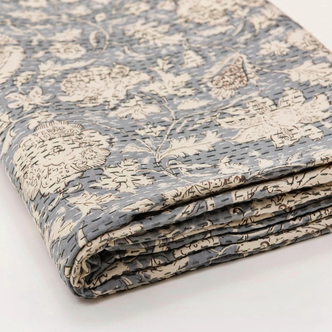 Grey Leaf Print Kantha Quilt: Reversible Indian Cotton Bedspread King Size Bedcover | Etsy (US)