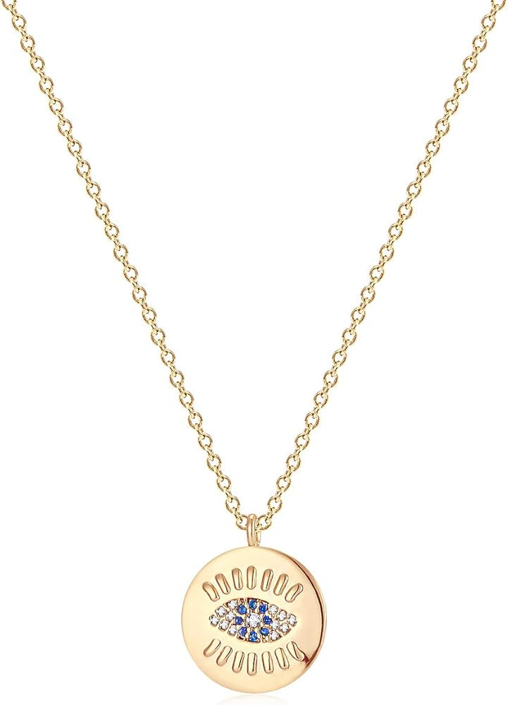 VACRONA Evil Eye Necklace for Women 18k Gold Plated Textured Disk Necklace Shark Tooth Necklace Mult | Amazon (US)