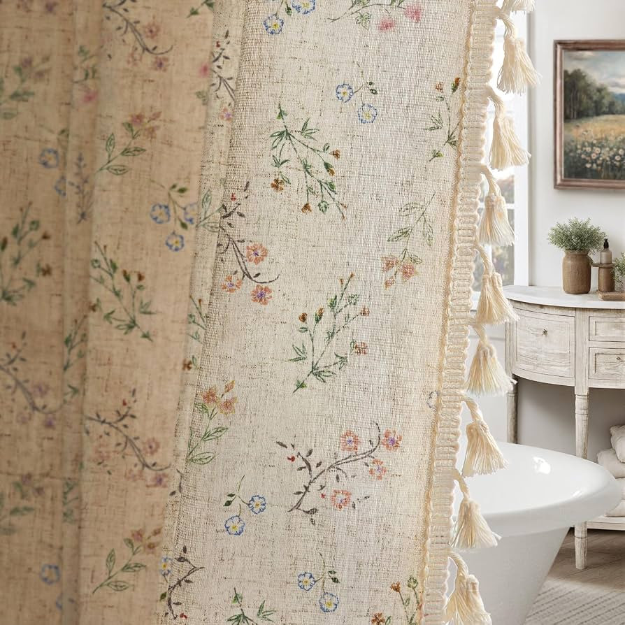 Floral Farmhouse Vintage Linen Shower Curtain, French Country Spring Shower Curtains for Bathroom... | Amazon (US)