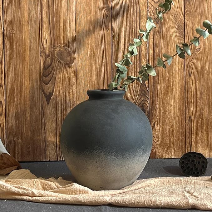 7.87 Inch Ceramic Rustic Vase, Black Pottery Flower Vases for Living Room & Home Decor, Vintage C... | Amazon (US)