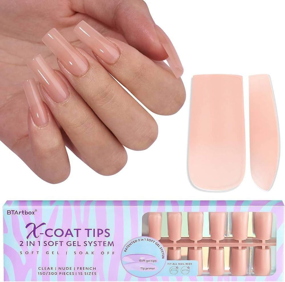 Long Square Gel Nail Tips - BTArtboxnails Nude Peach Soft Gel Nail Tips, 2 in 1 Neutral X-coat Tips  | Amazon (US)