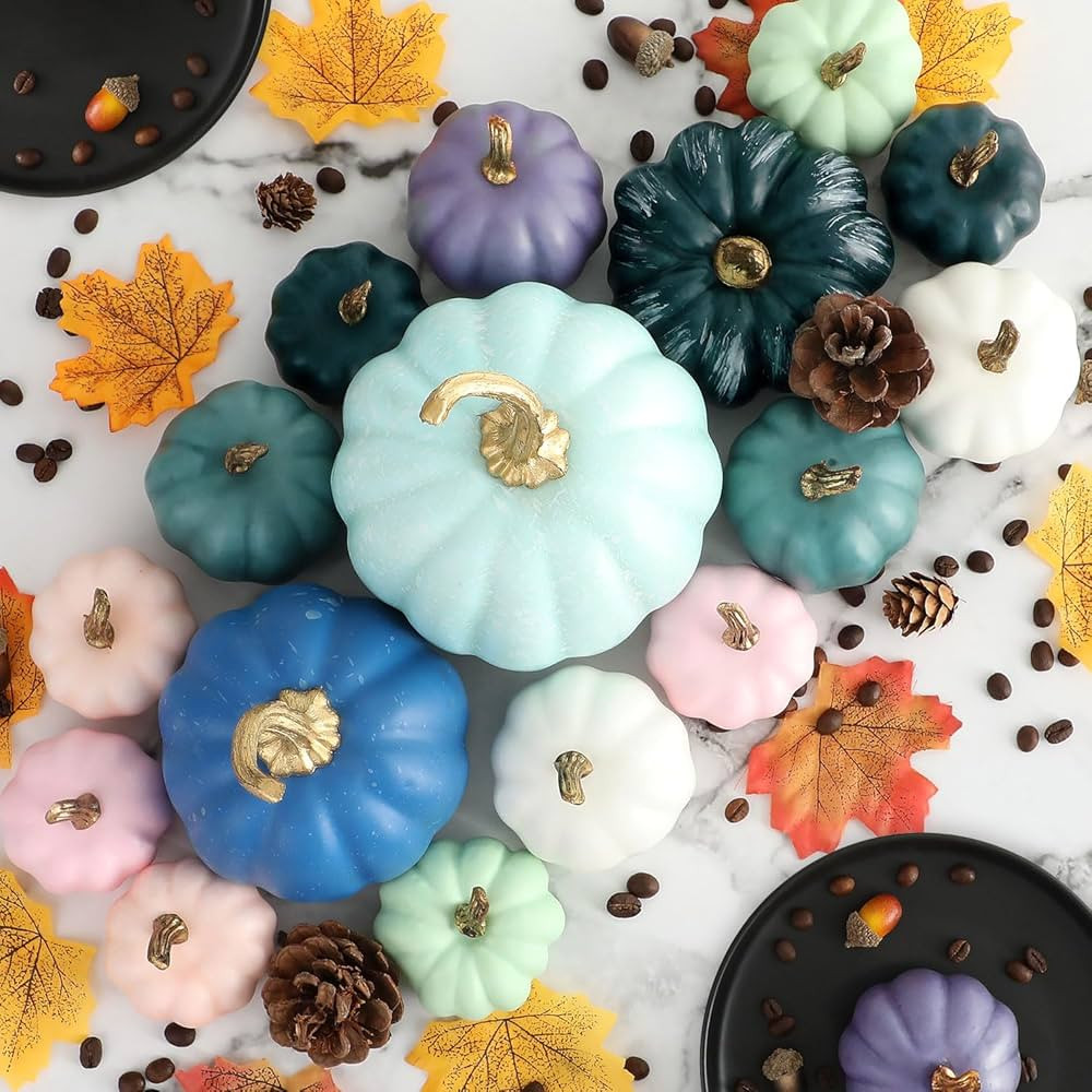 Ywlake Pumpkin Fall Decorations 17pcs, Decorative Large Small Outdoor Blue Green Pink Teal Foam P... | Amazon (US)