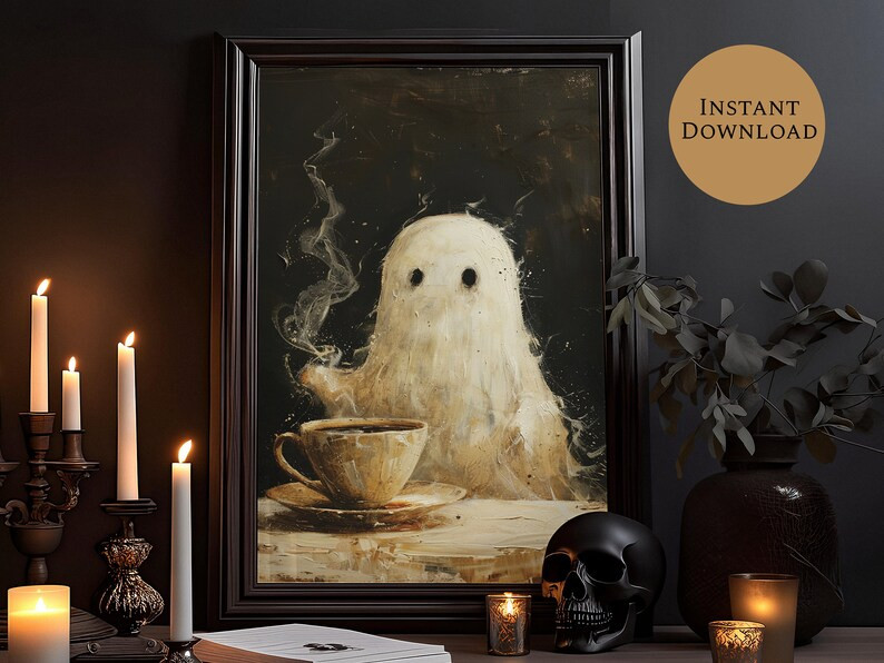Gozy Ghost, With Coffee, Art Print, Ghost Art Cute Halloween Ghost Halloween Ghost Decor Cute Gho... | Etsy (US)